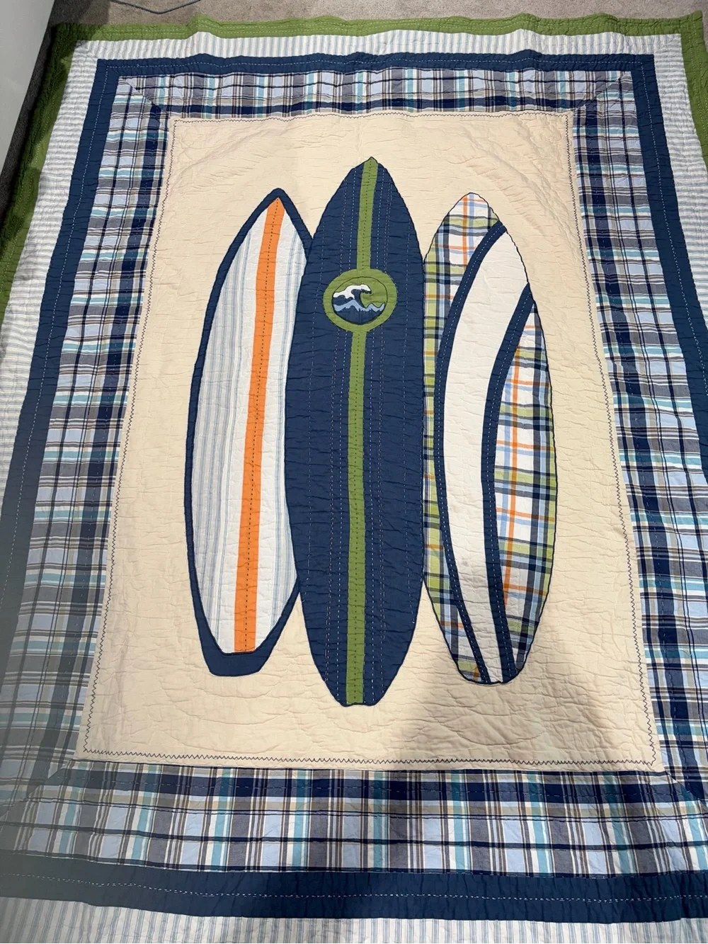 Pottery Barn Kids Surf Embroidered Bedspread, Twin Navy  & Cream Surfboard Quilt